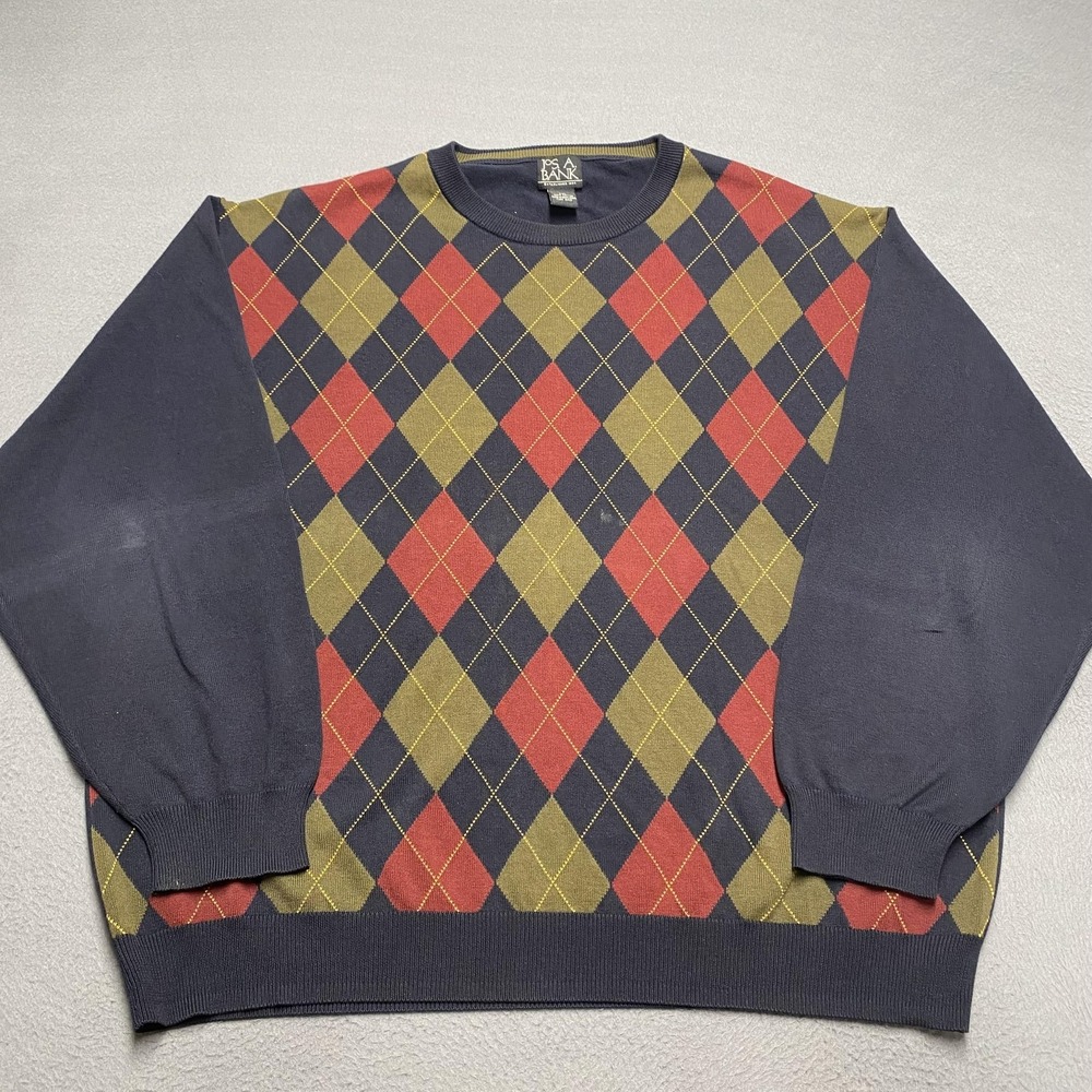 Jos. A. Bank Sweater Mens 2XL Navy Argyle Crewneck Pullover‎ Preppy Classic Knit